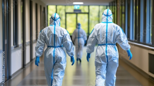 Back view of hospital staff walking down a hallway, dressed in protective overalls, clean and sterile environment photo