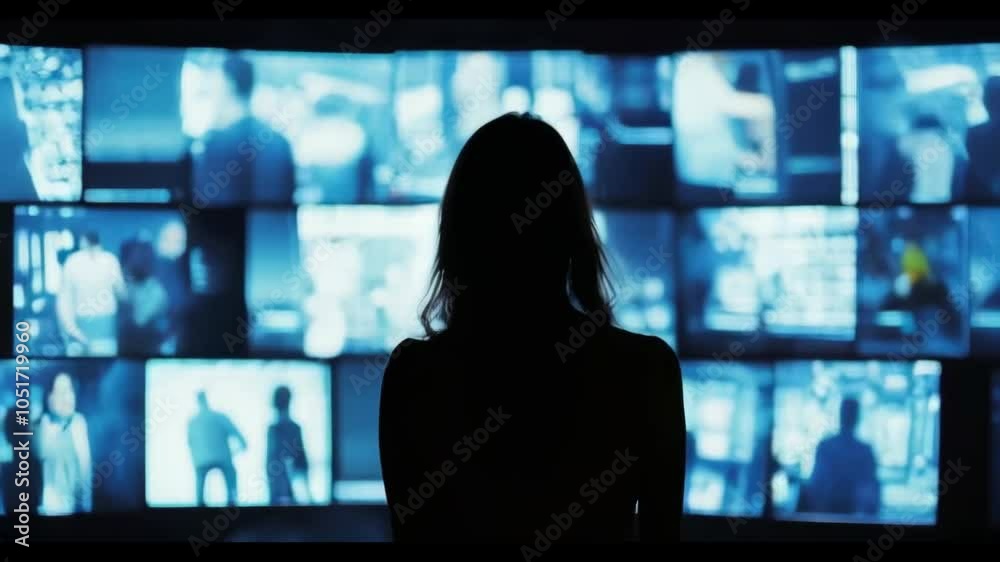 Silhouette of a woman standing in front of a wall of multiple screens, watching different visual feeds in a dark room.
