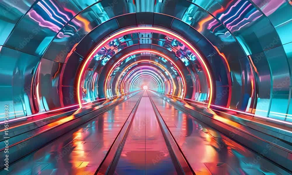 Futuristic tunnel with neon lights and reflections in a digital landscape