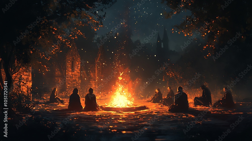 A firepit glowing warmly at night, faces of people nearby illuminated by the flickering flames, warm light casting deep shadows across their features, quiet moments shared under a starlit sky, A firepit glowing warmly at night, faces of people nearby illuminated by the flickering flames, warm light casting deep shadows across their features, quiet moments shared under a starlit sky,