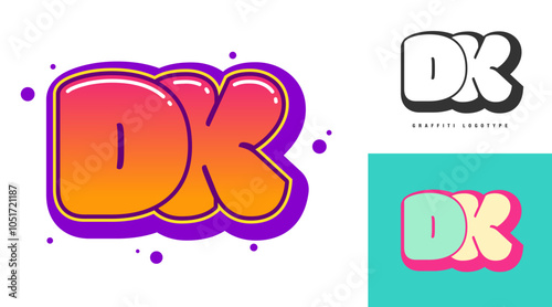 DK logo design for festival or party. Initial letter d and k in graffiti style. Creative modern lettering company name of font typography. Kids trendy logotype or identity.