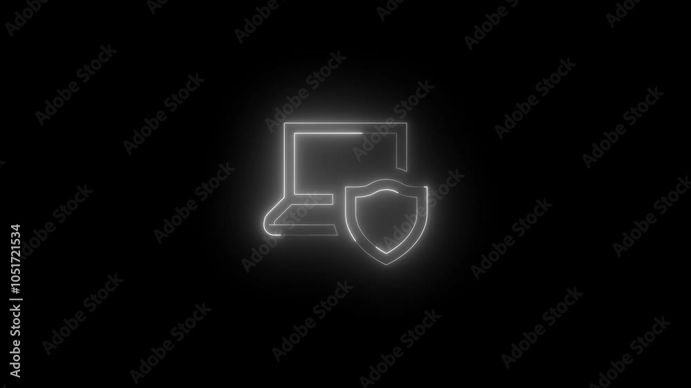 Neon laptop secure icon glowing black background animation Neon laptop secure icon glowing black background animation