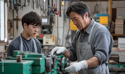 A skilled craftsman teaches a young apprentice how to use a lathe in a woodworking workshop.