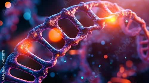 A close-up of a DNA helix, illuminated by a bright light source, creating a vibrant red glow