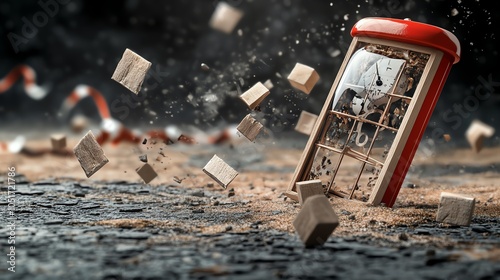 A red vintage telephone booth surrounded by floating wooden cubes. photo