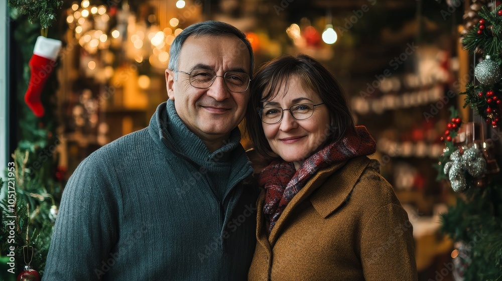 Serene Moments of Togetherness: Middle-aged Romanian Couple Embracing the Festive Cheer with Gentle Smiles and Warm Lighting Serene Moments of Togetherness: Middle-aged Romanian Couple Embracing the Festive Cheer with Gentle Smiles and Warm Lighting
