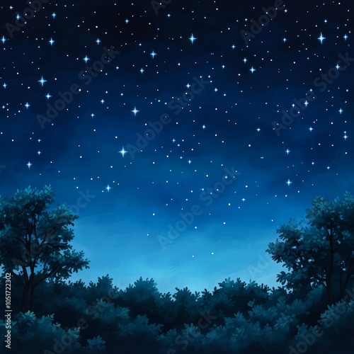 A serene night sky filled with stars above a silhouette of trees.