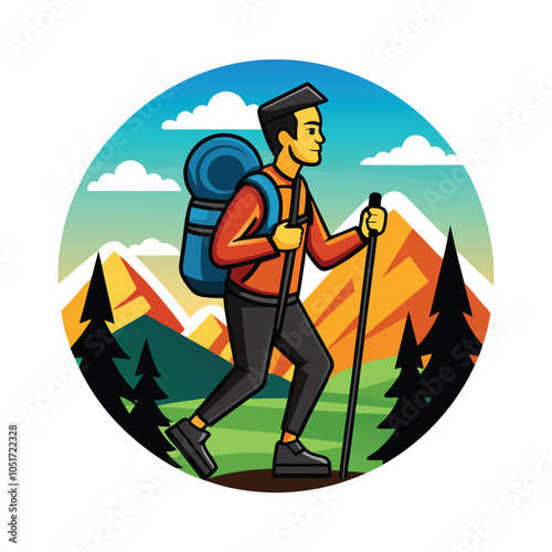 adventure mountain climber logo. a man with a backpack walks in a field with mountains in the background.