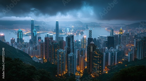 A panoramic view of Hong Kong's skyline at dusk, with dramatic clouds and glittering lights.