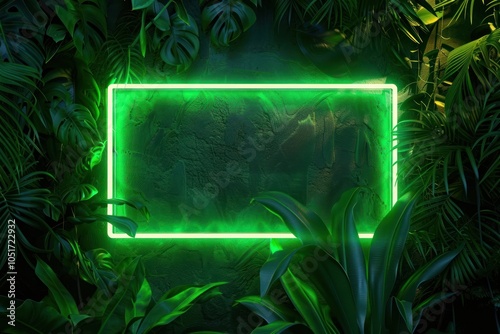 Fototapeta Naklejka Na Ścianę i Meble -  Neon frame jungle foliage backdrop
