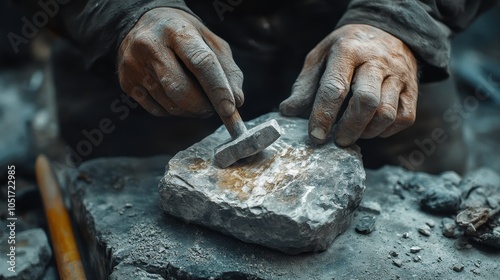 Hands gripping a hammer and chisel, meticulously carving a piece of stone with attention and precision. photo