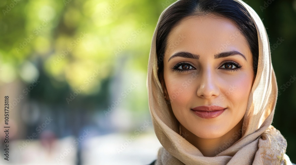 Closeup headshot of a female business leader, Middle Eastern appearance, standing outdoors Closeup headshot of a female business leader, Middle Eastern appearance, standing outdoors