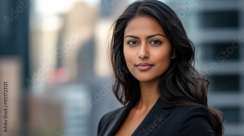 Closeup headshot of a female business leader, focused expression, with a blurred city background