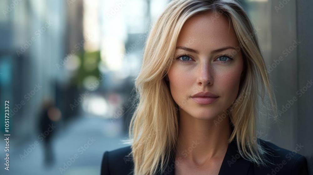 Fototapeta premium Closeup portrait of a female business leader, serious expression, urban outdoor background