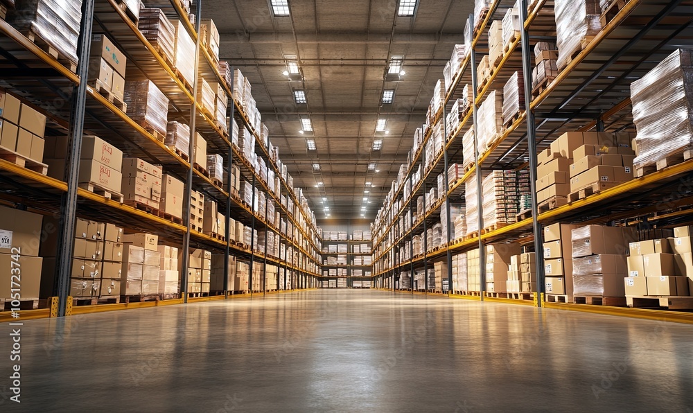 A wide shot of a warehouse with shelves filled with boxes. A wide shot of a warehouse with shelves filled with boxes.