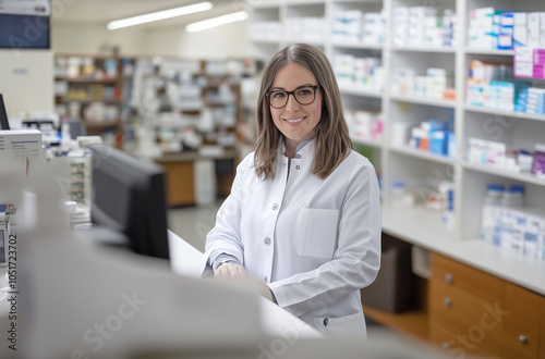 Free Download Pharmacist Working at Counter, Smiling - GFXLoad