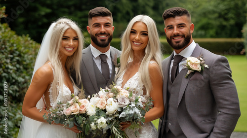 Bride and Groom Posing with Wedding Guests