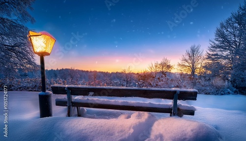 夕暮れの小さな公園、雪が積もったベンチと輝く氷の結晶、心温まるグラデーションの空
