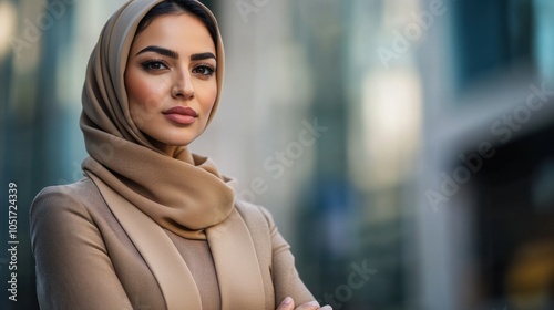 Confident headshot of a Middle Eastern businesswoman, outdoors, looking poised and professional