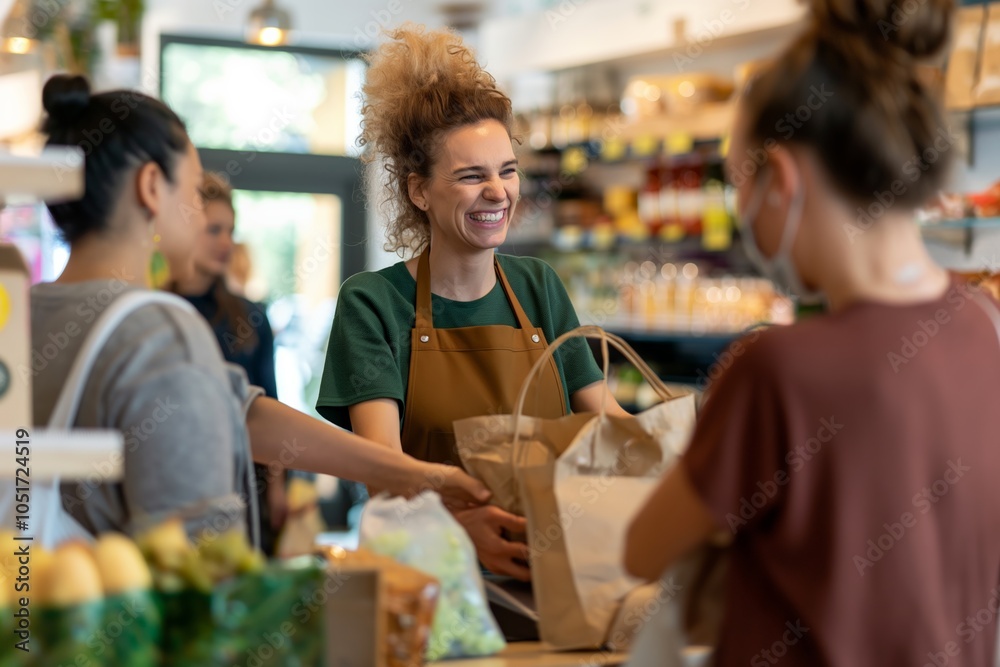 A grocery store employee scanning items and packing groceries at the checkout counter. The worker is focused on providing efficient service to the customers in a bright, busy supermarket environment.