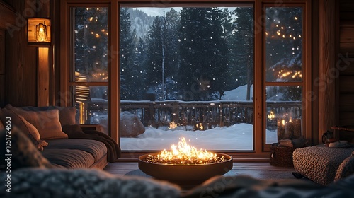 A firepit outside a cabin, visible through an open window, the warm glow from the flames illuminating the rustic wooden interior, snow lightly falling outside, photo