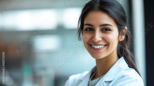 Woman in Lab Coat Smiling