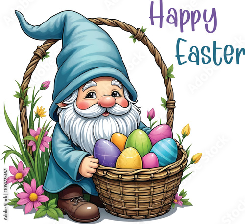 Happy Easter Gnome design, Watercolor cute easter gnome with a basket of easter eggs isolated on white, Easter basket with vibrant, colorful hand-painted Easter eggs and gnome, 