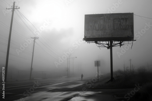 Creepy suburban street with broken neon sign and figures in the mist.