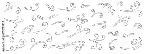 Set of swirling and curved lines depicting wind gusts, suitable for various design purposes