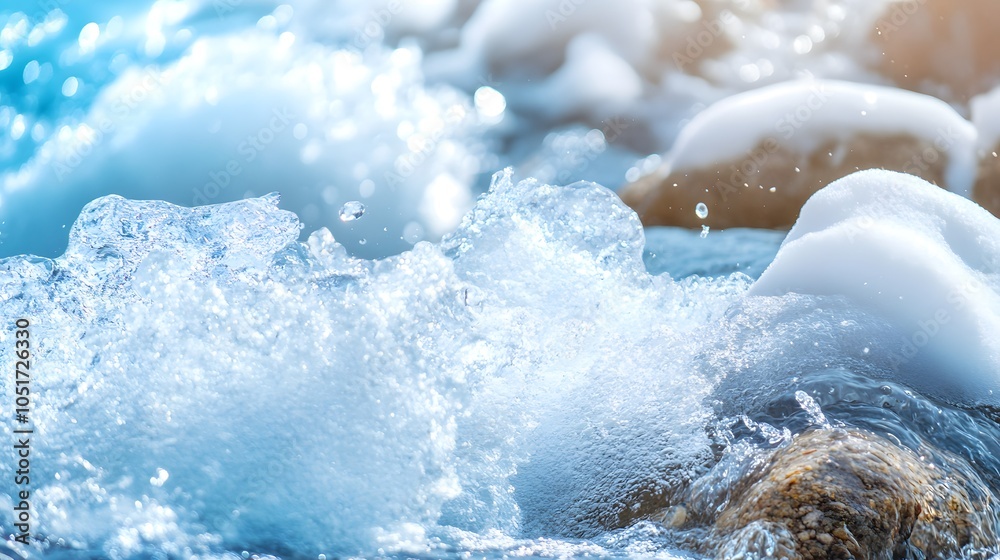 Fototapeta premium Ice melt from a spring thaw rushing downstream, demonstrating the seasonal force of water breaking free from winter’s hold. 