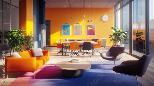 The modern office interior with individual workstations separated by colorful partition walls providing a sense of privacy while maintaining an openoffice concept : Generative AI photo