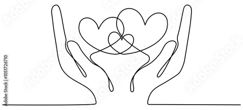 Hearts shapes in hands continuous line drawing. Family linear symbol. Vector illustration isolated on white.