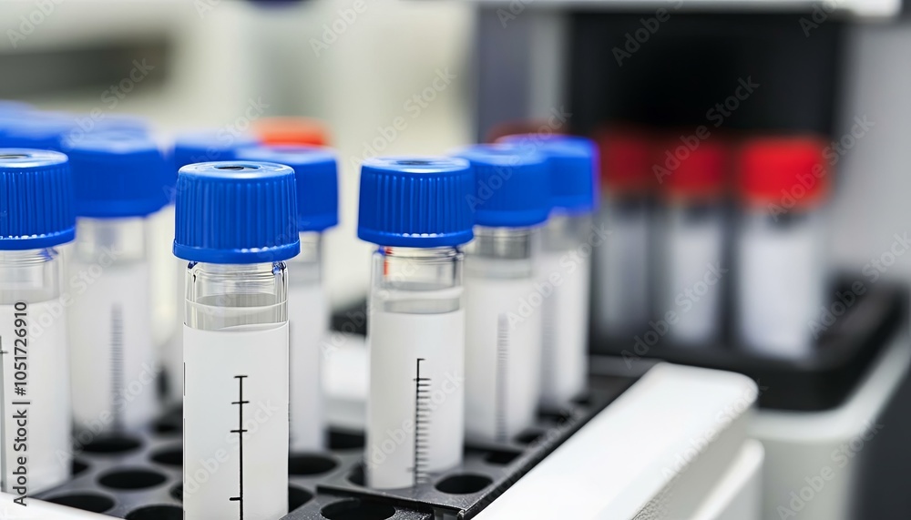 Close up of test tubes with blue caps in a rack in a laboratory setting. Close up of test tubes with blue caps in a rack in a laboratory setting.