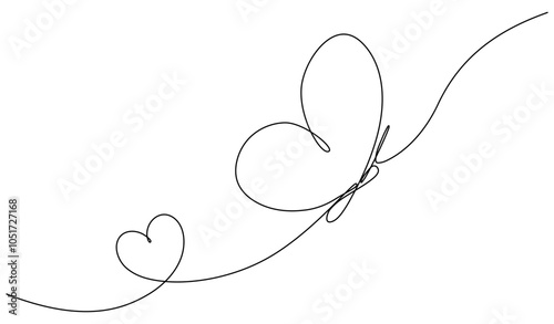 Butterfly with heart shape continuous line art drawing. Vector illustration isolated on white.