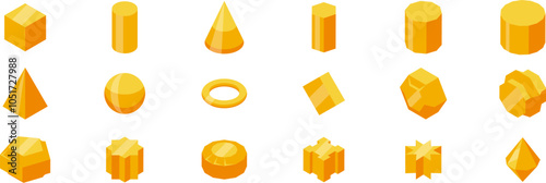 Gold polyhedron icons set. Collection of various three dimensional geometric figures showcasing diverse shapes in striking yellow hues