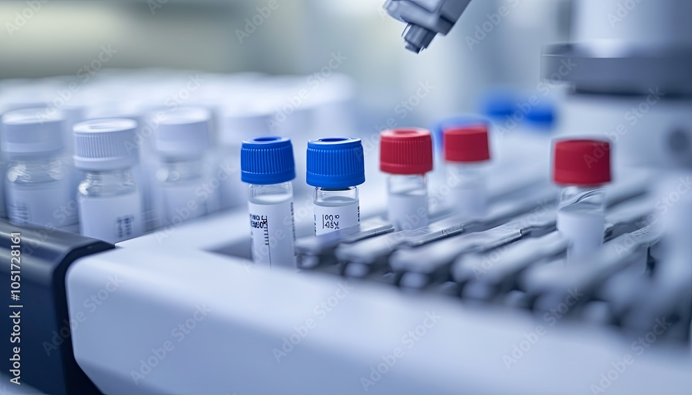 Fototapeta premium Close-up of vials in a laboratory setting, with red and blue caps.