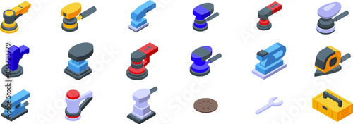 Electric sanding machine icons set. Set of isometric orbital sander icons representing various power tools used for sanding, polishing, and finishing surfaces in woodworking, automotive