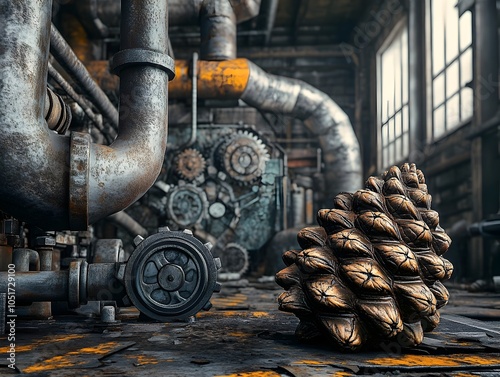 Weathered Pine Cone Amidst Decommissioned Industrial Machinery in Abandoned Factory Warehouse photo