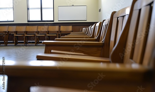 Empty wooden chairs arranged in rows in an empty room, ready for a meeting or event. photo