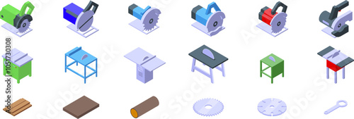 Circular saw machine icons set. Isometric icons representing different types of circular saws, table saws, saw blades, wood planks, and a table saw key, useful for woodworking projects