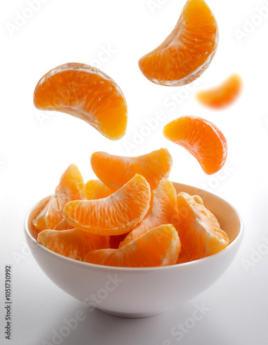 slices or chunks of mandarin oranges fruit in a white bowl with chunks or slices floating or flying isolated white background
