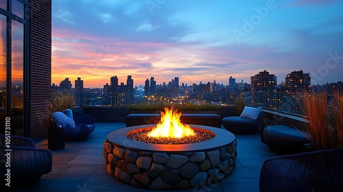 A rooftop terrace with a modern firepit, flames flickering gently, city lights sparkling in the distance, stylish furniture surrounding the fire, soft ambient lighting enhancing the atmosphere, photo