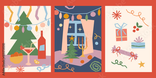 Colorful Merry Christmas cards set. Festive New Year vector poster illustrations, hand drawn geometric style. Modern xmas party naive designs for invitations, postcards, flyers, seasonal banners