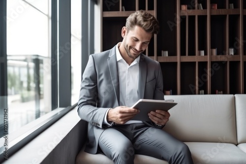 American Business men sitting computer looking.