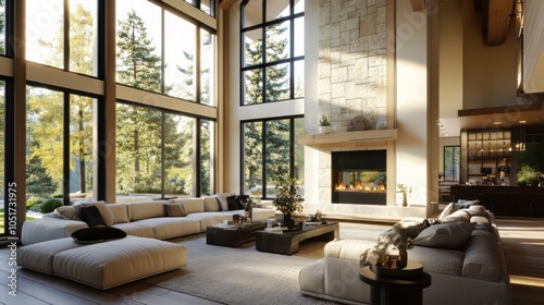 Rustic living room in luxury custom built home in california. architecture modern living room. Ultra realistic. Photorealistic hypermaximalist advertising photography hyper realistic fine detail