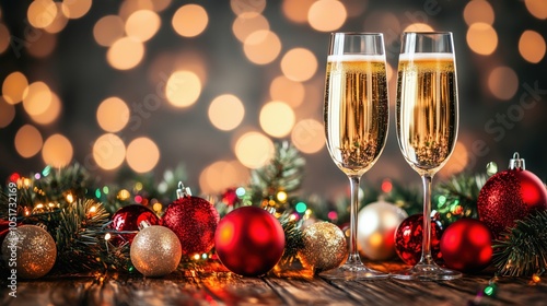Champagne glasses celebration, festive decorations, Christmas ornaments, bokeh lights