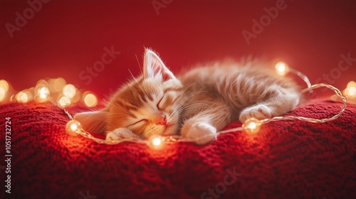 Obraz na płótnie A kitten sleeping on a red blanket with little light bulbs on a red background w salonie