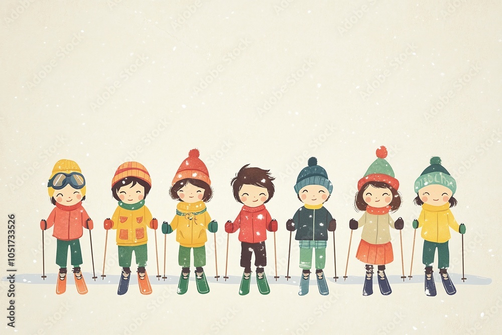 Fototapeta premium Group of children are ready to skiing on a snowy mountain. Happy childhood in the company of friends.