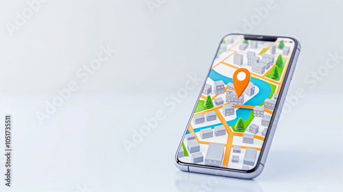 Smartphone with map showing location and navigation in vibrant cityscape photo