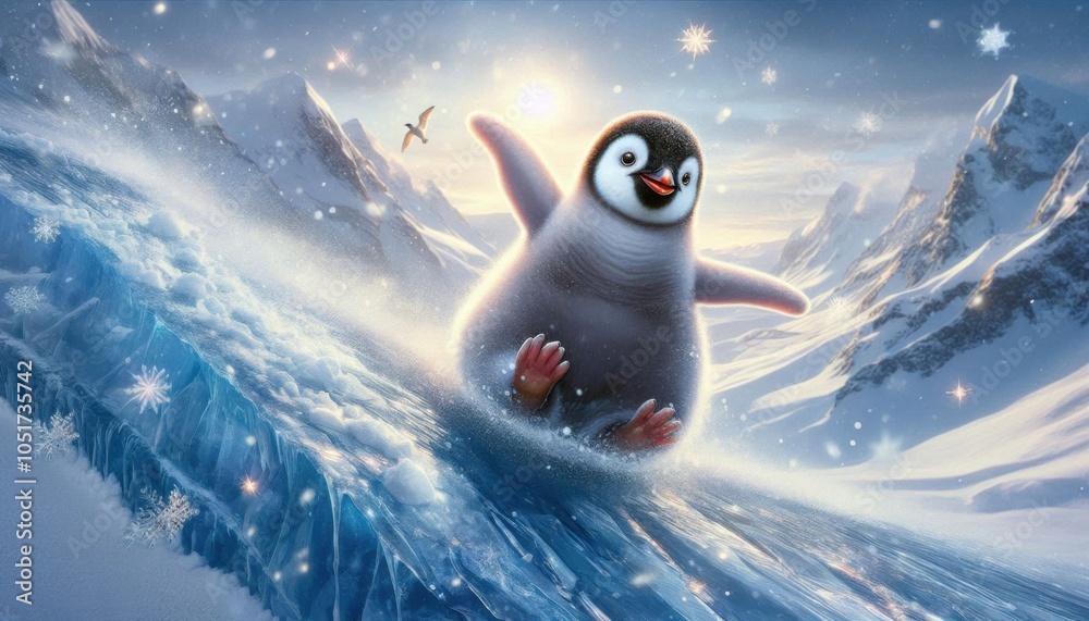 A small penguin sliding down an icy hill with a joyful expression, surrounded by snowflakes A small penguin sliding down an icy hill with a joyful expression, surrounded by snowflakes